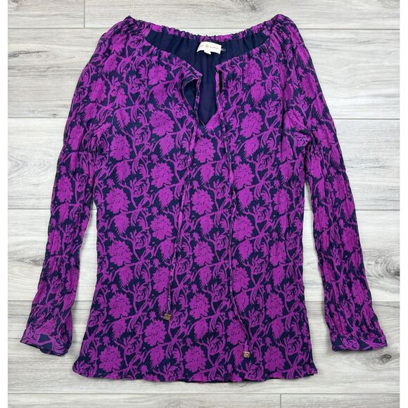 TORY BURCH Silk Floral‎ Peasant Blouse Sz 14 Long Sleeve Adjustable Tie Neck - Picture 1 of 8